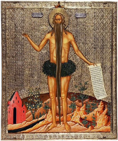 القديس أونوفريوس (القديس أونوفريوس). Onuphre المرساة أو العظيم (القرن الرابع) ، راهب ثم ناسك في مصر ، يتم تمثيله تقليديًا بلحية طويلة وفروع كملابس. عمل مجهول من موسكو ، تمبرا على خشب ، حوالي بواسطة المدرسة الروسية