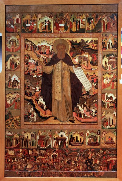 القديس سرجيوس من رادونيج (1313-1392) ، مع مشاهد من حياته (القديس سرجيوس من رادونيج مع مشاهد من حياته). أيقونة روسية ، تمبرا على خشب ، حوالي عام 1640. فن قديم من ياروسلافل (روسيا). متحف الدولة للفنون ، ياروسلافل (روسيا). بواسطة المدرسة الروسية