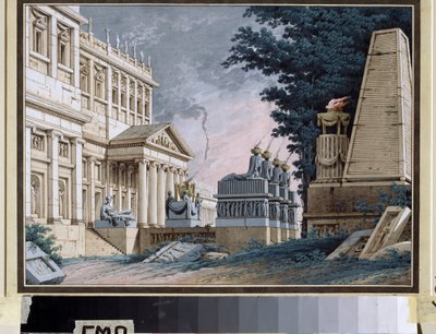 المعبد ، تصميم المسرح لمسرحية. لوحة مجهولة. ألوان مائية وغواش على ورق ، حوالي 1800. ديكور المسرح الروسي. متحف قصر المسرح أوستانكينو ، موسكو. بواسطة المدرسة الروسية