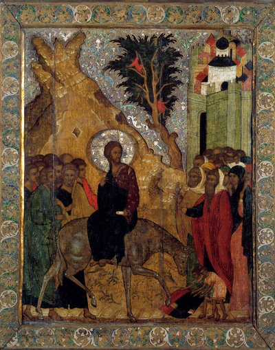 التحاق المسيح بالقدس أيقونة روسية عام 1560. موسكو ، متاحف الكرملين. بواسطة المدرسة الروسية