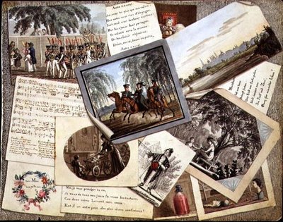 Trompe l'oeil Collage للموسيقى الورقية وبطاقات المعايدة والقصائد ، حوالي عام 1821 (قلم وحبر مع ألوان مائية على ورق) بواسطة المدرسة الروسية