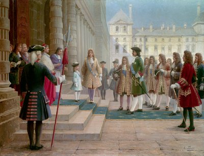 القيصر بيير لو غراند (1672-1725) رحب به الطفل لويس الخامس عشر في فرساي عام 1717 - رسم غورسكي (القرن التاسع عشر) بواسطة المدرسة الروسية