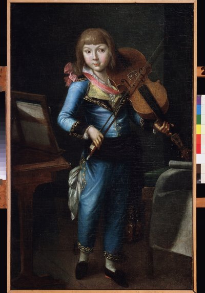 عازف كمان شاب يرتدي حلة زرقاء. لوحة لسيد روسي ، زيت على قماش ، حوالي عام 1790. الفن الروسي في القرن الثامن عشر. متحف قصر المسرح أوستانكينو ، موسكو. بواسطة المدرسة الروسية