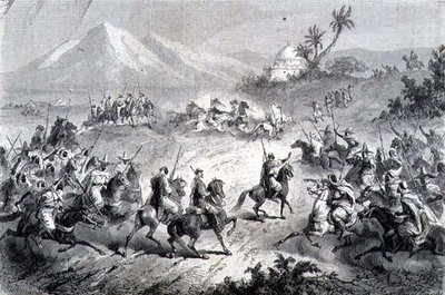 مغامرة ، مسافرون يهاجمون من قبل اللواء ، رسم توضيحي من "العودة إلى العالم" (نقش) بواسطة مدرسة الاسبانية