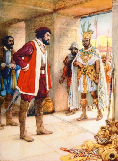 Hernan Cortes makes Montezuma a hostage in 1519 (colour litho) بواسطة مدرسة الاسبانية