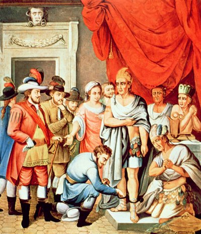 Hernan Cortes orders shackles to be put on the ankles of Montezuma (colour litho) بواسطة مدرسة الاسبانية