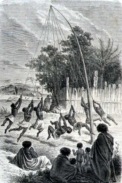 محاربو الماوري يلعبون على أرجوحة ، رسم توضيحي من "العودة إلى العالم" بواسطة مدرسة الاسبانية