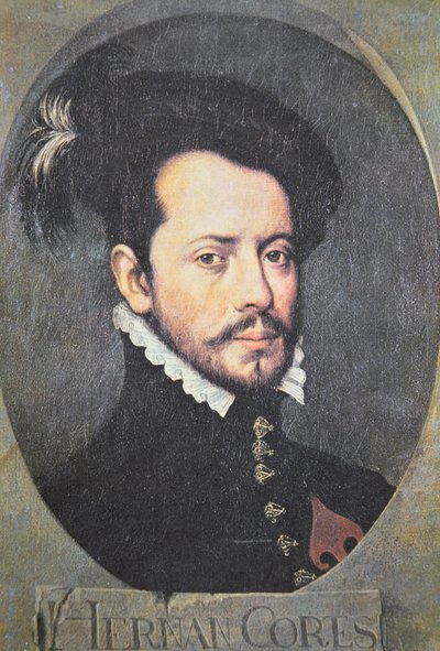 Portrait of Hernan Cortes (colour litho) بواسطة مدرسة الاسبانية