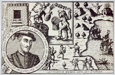 Spaniards under Juan de Grijalva land at Yucatan and engage Maya warriors at the Battle of Champoton, May 1518 (litho) بواسطة مدرسة الاسبانية