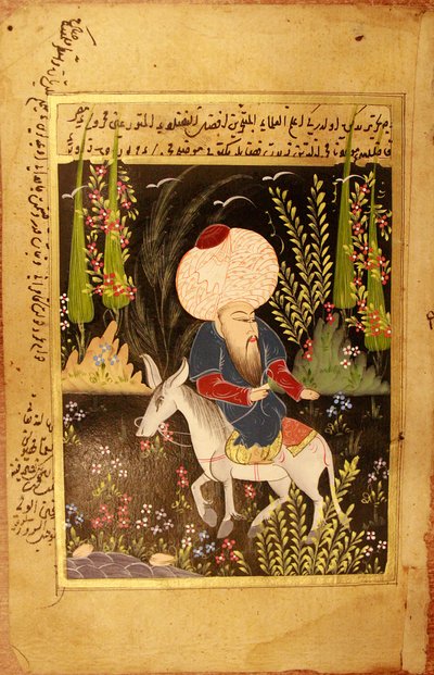 نصر الدين حاجه. (نصر الدين حجة). شخصية الأدب الإسلامي ، علماء تركيا الأسطوريون ، الذي عاش بين القرنين الثالث عشر والخامس عشر ، يوصف وفقًا للتقاليد ، جالسًا رأسًا على عقب على حماره. مجهولة الهوية ، جواش على رق ، سان بواسطة المدرسة التركية