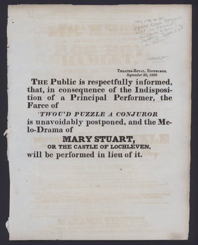 Notice of a change to the billed performance at the Theatre Royal, Edinburgh, 30 September 1829 (litho) بواسطة المدرسة الاسكتلندية