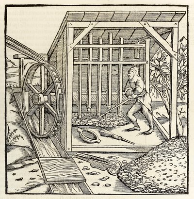 التعدين باستخدام عجلة مائية ، من إصدار 1550 من "Cosmographia" لسيباستيان مونستر (نقش خشبي) بواسطة سيباستيان مونستر