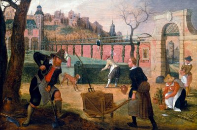 بستانيون يعملون في حديقة رسمية في ضواحي المدينة. لوحة لسيباستيان فرانكس (1573-1647). مجموعة خاصة. بواسطة سيباستيان فرانكس