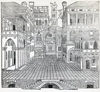 Magic scene, theatrical scene design by Sebastiano Serlio (1475-1554), illustration from Treatise on Architecture, Book II بواسطة سيباستيانو سيرليو