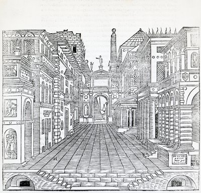Magic scene, theatrical scene design by Sebastiano Serlio (1475-1554), illustration from Treatise on Architecture, Book II بواسطة سيباستيانو سيرليو