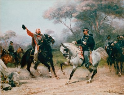 جوزيبي غاريبالدي (1807-1882) يلتقي فيتوريو إيمانويل الثاني (فيكتور إيمانويل) (فيكتور إيمانويل) من سافوي إلى تيانو في 26/10/1860 لوحة لسيباستيانو دي ألبرتيس (1828-1897) ميلانو القرن التاسع عشر ، متحف ديل ريسورجيمنتو بواسطة سيباستيانو دي ألبرتيس