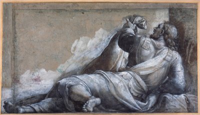 A reclining apostle (black chalk with brown wash on carta azzurra) بواسطة سيباستيانو ديل (حوالي 1485 - 1547) بيومبو