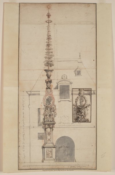 مشروع ماي دو ماي دي جوبلان الدائم (الوجه) (طباشير أسود، طباشير أحمر، قلم حبر أسود وبني، غسيل رمادي، على ورقتين متصلتين) بواسطة سيباستيان الأول لو كليرك