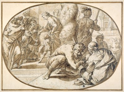 A Queen distributing alms to a crippled beggar in the temple at Jerusalem, early 17th century (pen & brown ink with brown wash) بواسطة المدرسة الثانية في فونتينبلو