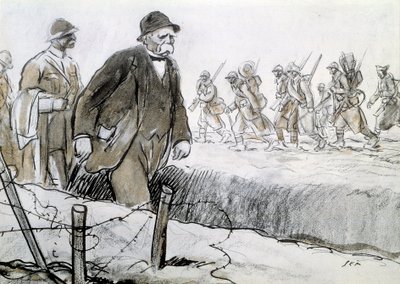 الحرب العالمية الأولى: صورة كليمنصو (1841-1929) في غلاف يزور الجبهة. رسم جورج جورسات ديت سيم (1863-1934) بواسطة سيم