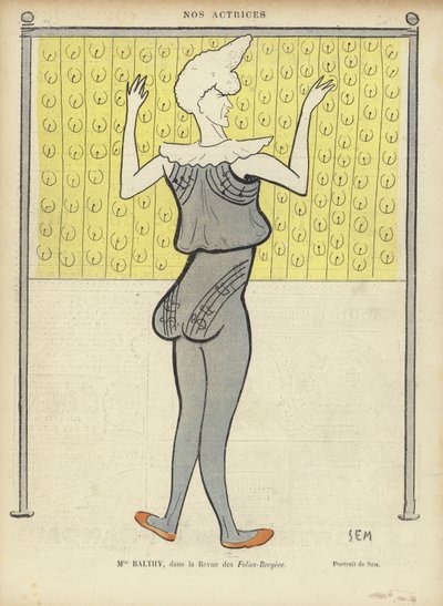 لويز بالثي ، ممثلة فرنسية ، في Folies-Bergere ، رسم توضيحي لـ Le Rire بواسطة Sem