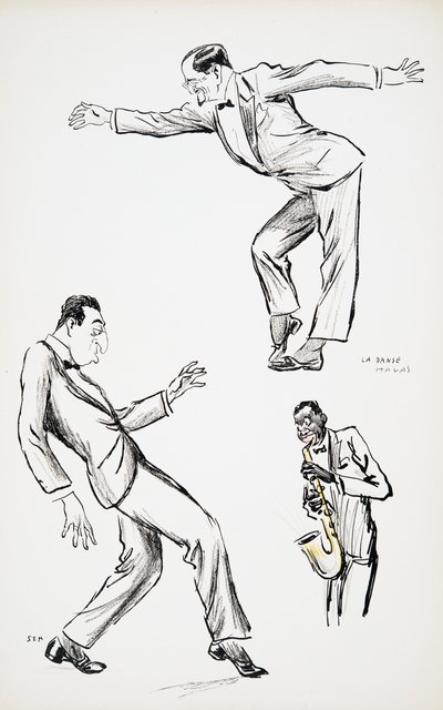 يؤدي رجلان يرتديان ربطة عنق سوداء أداء La Danse Havas إلى الساكسفون ، من White Bottoms ، حانة. 1927 (طباعة كتلة ملونة) ، من White Bottoms ، حانة. 1927 (طباعة كتلة ملونة) بواسطة سيم
