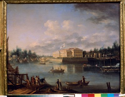 منظر لقصر Kamennoostrovsky من Strogonov Embankment ، سانت بطرسبرغ. لوحة سيميون فيودوروفيتش شيشيدرين (سيميون شيدرين) (1745-1804) ، زيت على قماش بواسطة السائل المنوي فيدوروفيتش شيدرين