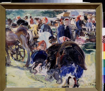 عادل. سوق المقاطعات مع الفلاحات والتجار. لوحة سيميون جافريلوفيتش نيكيفوروف (1877-1912) ، زيت على قماش بواسطة السائل المنوي غافريلوفيتش نيكيفوروف