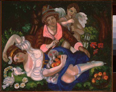 مشهد استعاري. (زوجان من العشاق ، محاطان بزوج من الحمائم وكوبيد يعزف الموسيقى). لوحة لسيرجي يوريفيتش سوديكين (سيرج سوديكين) (1882-1946) ، زيت على قماش ، حوالي عام 1910. الفن الروسي ، القرن العشرين ، فن الآرت نوفو ، الحداثة. بواسطة سيرجي يوريفيتش سوديكين