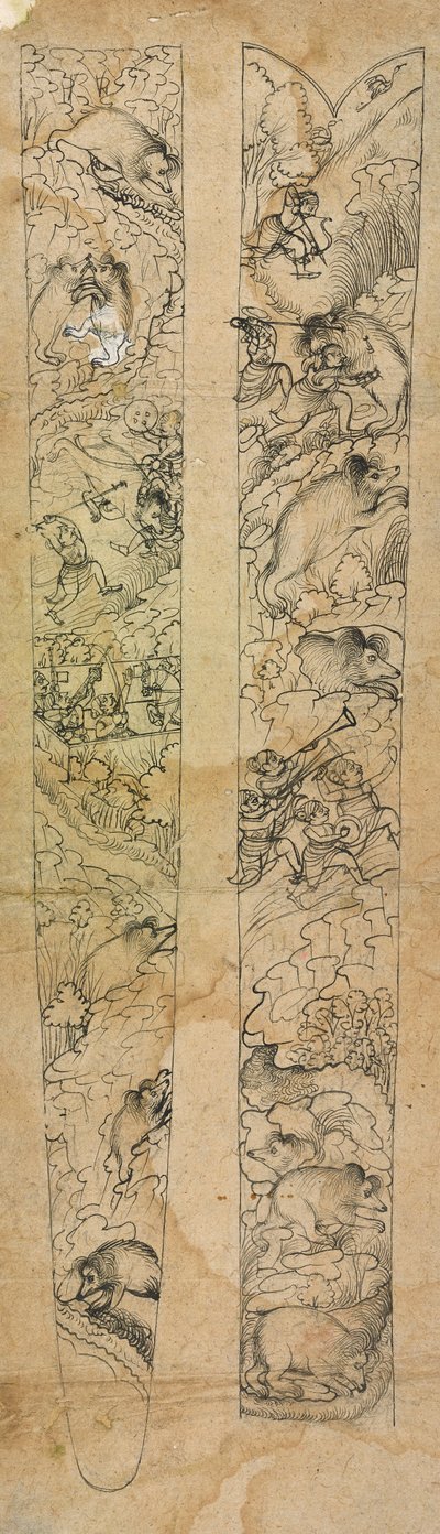 راجا تصطاد الخنازير البرية ، تصميم غمد ، كاليفورنيا. 1750-1760. بواسطة شيفدار جانجياجي