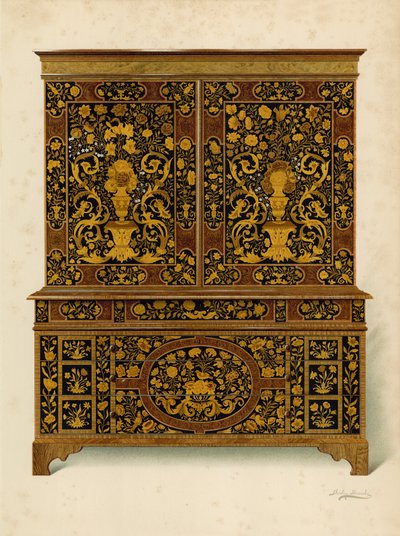 مطبعة مجلس الوزراء مطعمة Marqueterie ، ملكية مركيز Exeter (chromolitho) بواسطة شيرلي تشارلز Llewellyn Slocombe