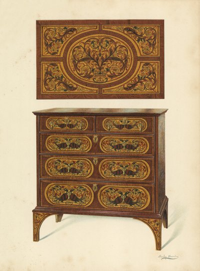 خزانة ذات أدراج مطعمة بماركيتري (chromolitho) بواسطة شيرلي تشارلز Llewellyn Slocombe