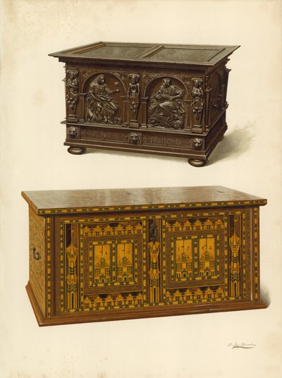 البلوط الصدر ، ملك سيمور لوكاس. صندوق أوك مرصع بأشجار Nonesuch (chromolitho) بواسطة شيرلي تشارلز Llewellyn Slocombe