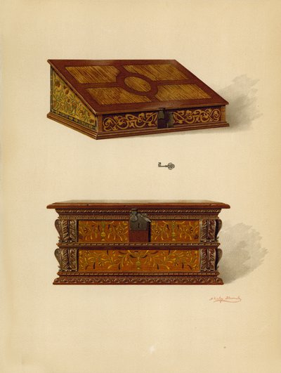 صندوق أوك مرصع ، ملك إدوارد كويلتر ؛ صندوق أوك مرصع ، ملك إدوارد كويلتر (chromolitho) بواسطة شيرلي تشارلز Llewellyn Slocombe