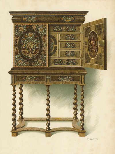 خزانة الجوز مطعمة Marqueterie ، ملك هون شارلوت ماريا ليدي نورث و R Eden Dickson (chromolitho) بواسطة شيرلي تشارلز Llewellyn Slocombe