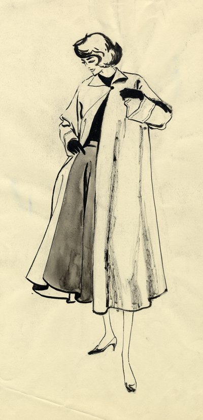 امرأة في معطف وتنورة كاملة ، c1950. بواسطة شيرلي ماركهام