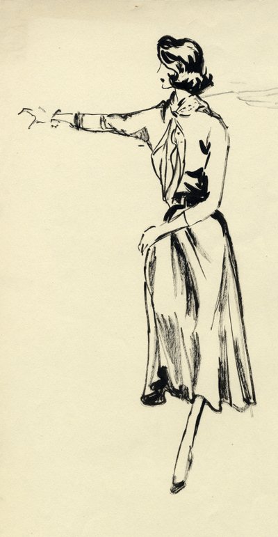 امرأة في تنورة كاملة وذراع ممدودة ، c1950. بواسطة شيرلي ماركهام