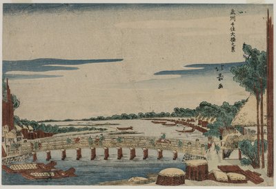 منظر للجسر الكبير في سنجو بمقاطعة موساشي ، ج. 1820s. بواسطة Shotei Hokuju