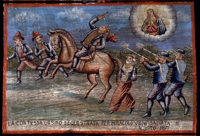 Ex-voto (ex voto) Sicilian: "" تم إنقاذ الكونتيسة المخطوفة Ursino بمعجزة في 16/08/1871 ". تمثيل لصوص (بريجانتاجيو): اللصوص الثلاثة يختطفون الكونتيسة بينما يطلق كارابينييري النار عليهم. . بواسطة مدرسة صقلية