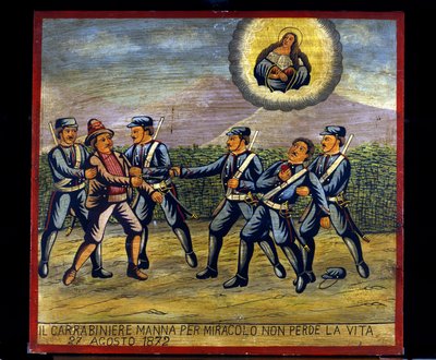 Ex-voto (ex voto) Sicilian: "" The carabiner Manna بمعجزة لا يفقد حياته في 27/08/1872 "". تمثيل لصوص (بريجانتاجيو): أطلق سارق النار على Carabinier Manna بينما أوقفه Carabinieri الآخر. . بواسطة مدرسة صقلية