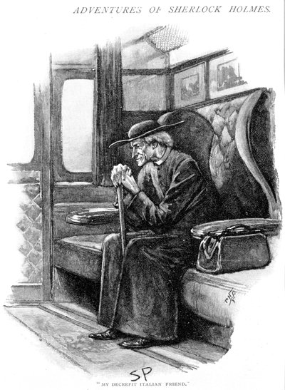 آرثر كونان دويل The Adventure of the Final Problem Strand Magazine ، لندن ، 1893. رسمها Sidney E. Paget (1860-1908) ، أول فنان رسم هولمز. هولمز ، بصفته كاهنًا إيطاليًا قديمًا ، ينتظر قطار القارب ليخرج من محطة فيكتوريا بلندن. بواسطة سيدني باجيت