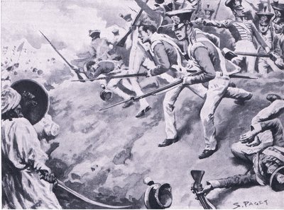 معركة دوبا ، 24 مارس 1843 ، رسم توضيحي من المعارك البريطانية في البر والبحر ، 1915 بواسطة سيدني باجيت