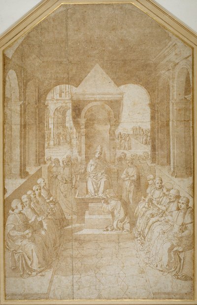 Aeneas Piccolomini kissing the slipper of Pope Eugenius, after Pinturicchio (pen & brown ink with wash on paper) بواسطة مدرسة Sienese