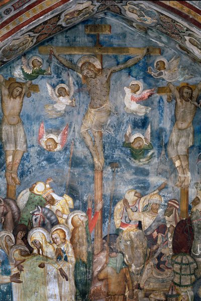 صلب المسيح "INRI" على الصليب. تفاصيل لوحة جدارية لمدرسة سيينا بواسطة مدرسة Sienese