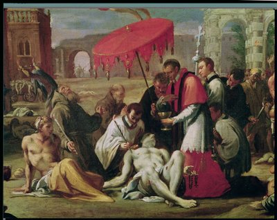 سانت تشارلز بوروميو (1538-1584) إدارة سر ضحايا الطاعون في 1576 (تفاصيل 78610) بواسطة سيجيسموندو كاولا