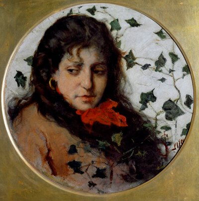 Ivy (Edera) صورة لامرأة شابة ، لها تعبير حزين ، وجه محاط بأوراق اللبلاب - (Ivy) لوحة من Silvestro Lega (1826-1895) الجينات ، Galleria d