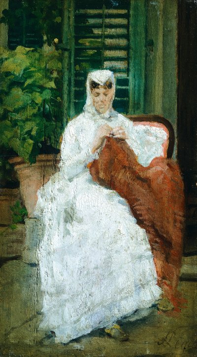 خياطة ليدي ، من سيلفسترو ليجا (1826-1895) ، زيت على لوح ، 27.5 × 15.5 سم بواسطة سيلفسترو ليجا