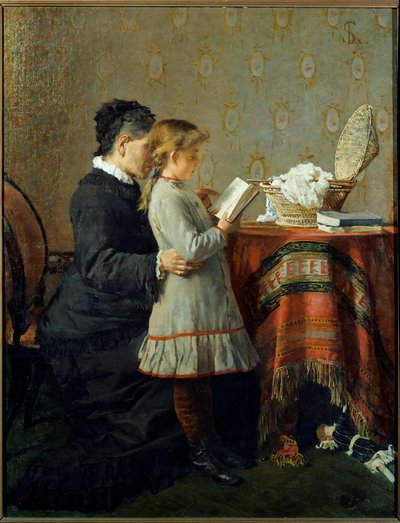 درس القراءة. ممرضة تتعلم قراءة فتاة صغيرة. رسم لسيلفسترو ليجا (1826-1895) Ec. إيتال بواسطة سيلفسترو ليجا