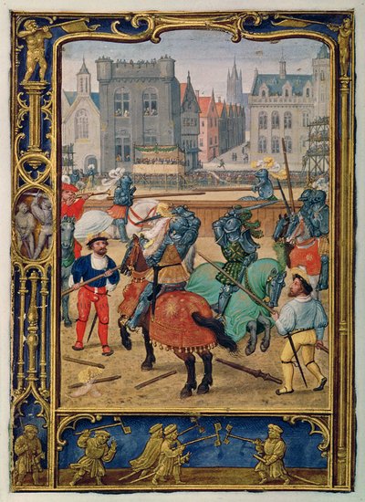 أضف 24098 f.23v June: مبارزة ولعبة مع خيول هواية ، من كتاب الساعات ، أو كتاب الجولف ، حوالي 1520-30 (ورق) بواسطة سيمون (ورشة عمل) بينينغ