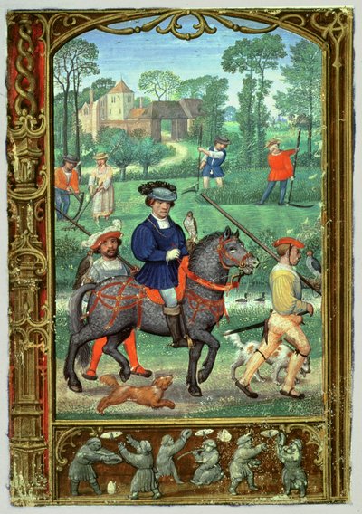 أضف 24098 f.24v يوليو: الصيد بالصقور وصناعة القش ومطاردة الفراشات من كتاب الصلوات أو كتاب الجولف حوالي 1520-30 (ورق) بواسطة سيمون (ورشة عمل) بينينغ